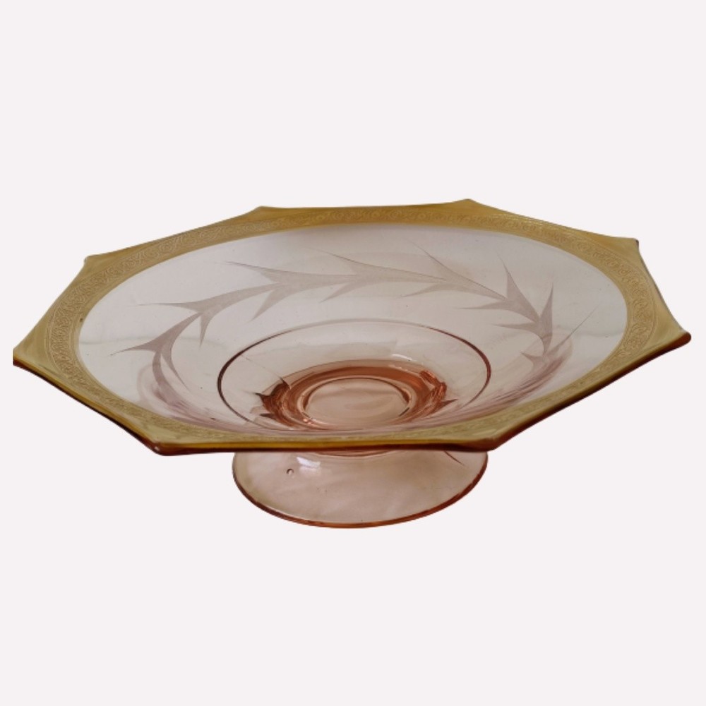 Vintage Pink Glass Octagon Pedestal Compote 22k Gold Trim Fine Etched